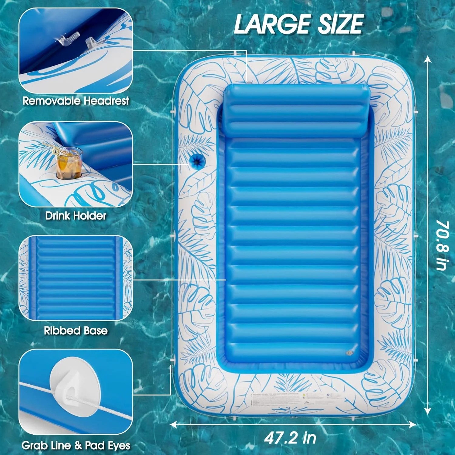 Bathtub Pillow Inflatable - 特大サイズの空気注入式スイミングプールフロート、取り外し可能な枕付き、水上パーティー用、手動膨張式バスタブラフト