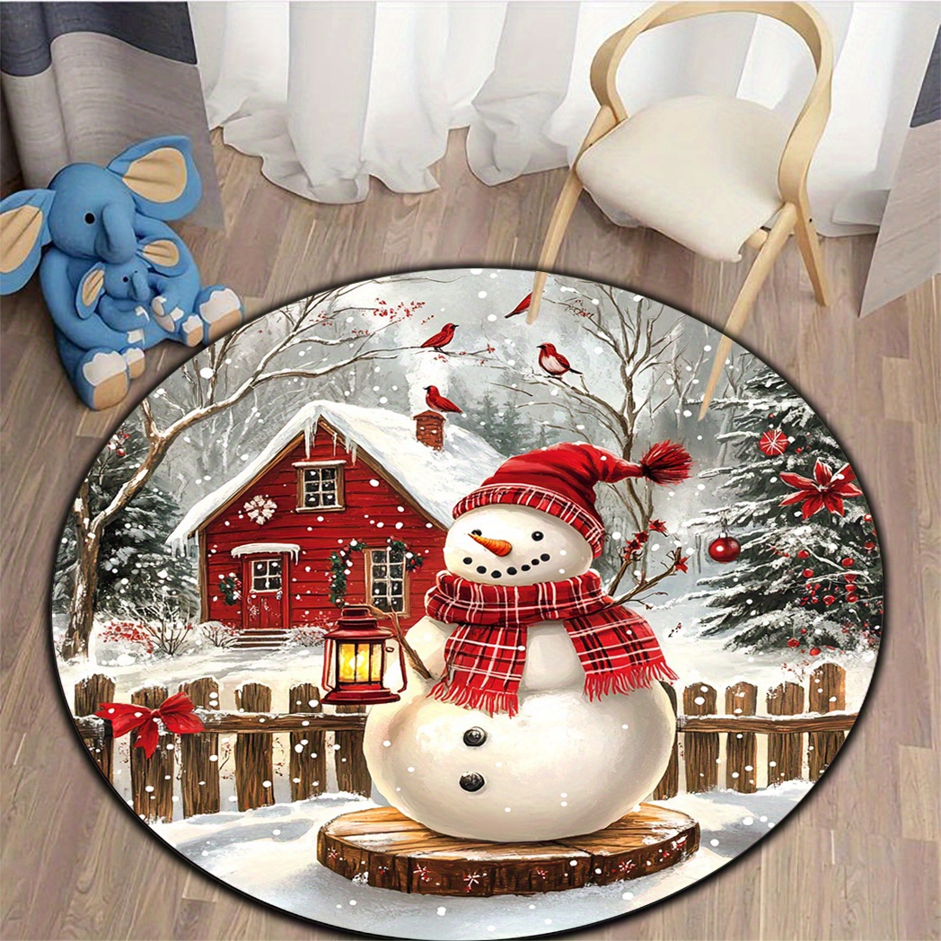 Home Bathroom Scene - ヴィンテージ風冬の雪景色円形エリアラグ クリスマス雪だるま柄 赤い格子柄スカーフ 滑り止め付き円形ラグ お祝いの雰囲気を演出する寝室や玄関に