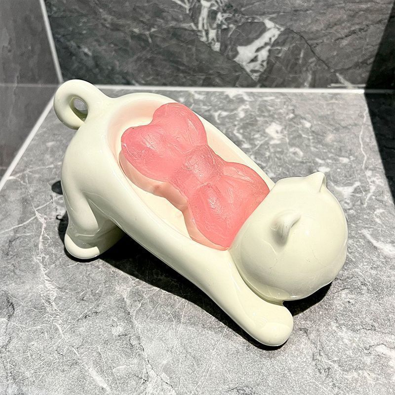 Home Creation Bathroom - かわいい猫の形をした石鹸置き、滑らかなプラスチック製トイレ石鹸皿ケース、浴室アクセサリー、洗面所用品、家の装飾