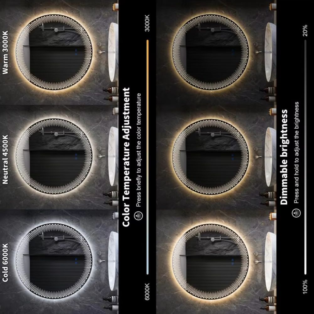 Bathroom Mirror Led - ラウンド LED バスルームミラー 3 色の明るさアンチフォグ調光可能な壁掛けバニティミラーライト付きスマート化粧鏡 50%