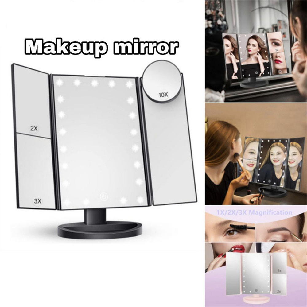 Bathroom Mirror Led - バスルーム折りたたみ化粧鏡、2倍3倍拡大鏡、10倍小型丸型ミラー付き、22個のLED調節可能な照明付きポータブルミラー