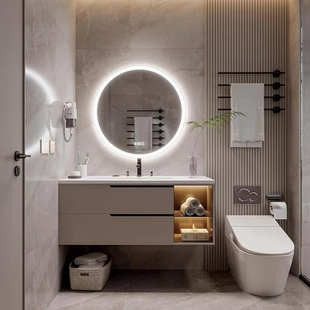 Bathroom Mirror Led - モダンな20インチ丸型アルミ製LEDスマートバスルームミラー、曇り止め、3色調光可能、前面＆背面照明、CRI90+、タッチボタン