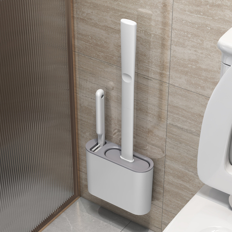 Toilet Brush Holder - 壁掛けトイレブラシ ホルダー付き 長柄シリコントイレブラシ 柔らかい毛 WCクリーニングブラシ バスルームアクセサリー