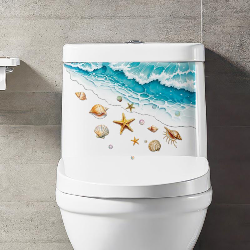 Home Toilet Bathroom Design - 海をテーマにしたトイレステッカー防水自己粘着貝殻ヒトデ波デザイン浴室の家の装飾用