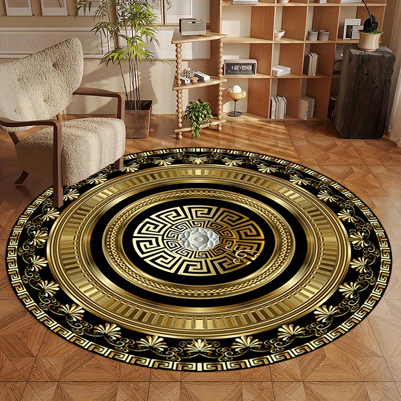 Home Bathroom Rugs - ギリシャキーパターンラウンドラグフランネルカーペットクラシックデザインエリアマットホームデコレーション用エレガントスタイルソフト滑り止めフロアカバー