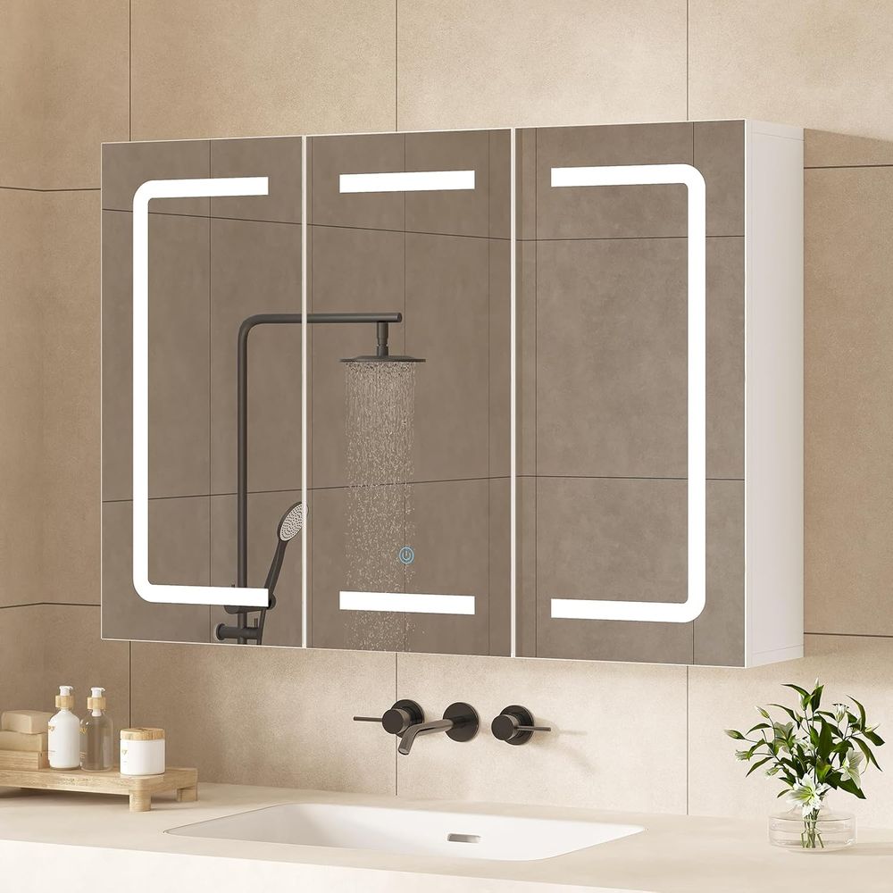 Bathroom Mirror Led - 鏡付き薬棚オーガナイザー、照明付き収納付き浴室薬棚、LEDライト付き3ドア浴室壁掛けキャビネット