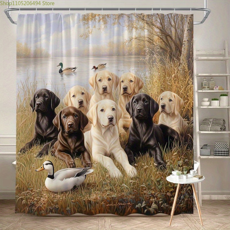 Home Bathroom Scene - ラブラドール犬ファミリーシャワーカーテン、アヒルのシーンデザインのかわいいペット柄、家の装飾用防水バスライナー、居心地の良いバスルームのアイデア