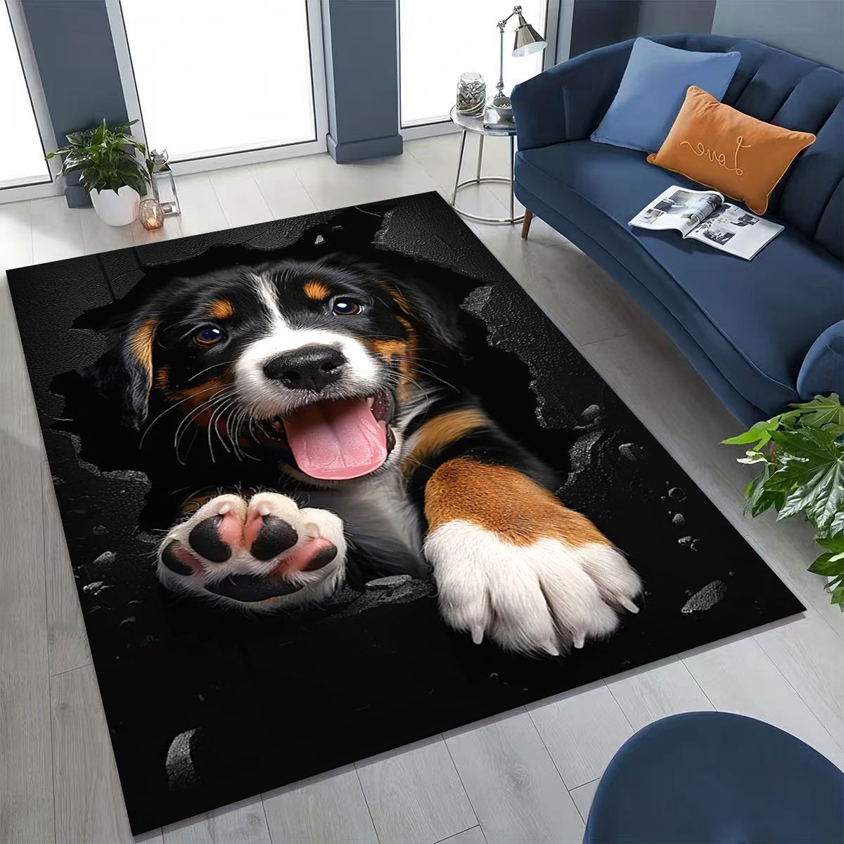 Home Bathroom Break - 3Dイリュージョン壁破壊犬子犬かわいいラグ、寝室、リビングルーム、ソファ、玄関マット、装飾、大型子供用滑り止めフロアマット