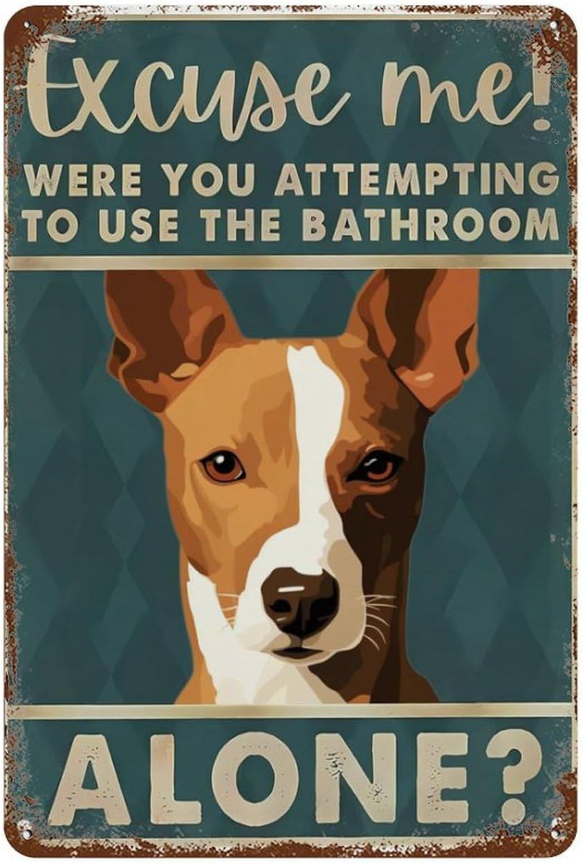 レトロなブリキ看板 バセンジ犬「ごめんなさい、一人でトイレを - Home Alone Bathroom のレビューと価格