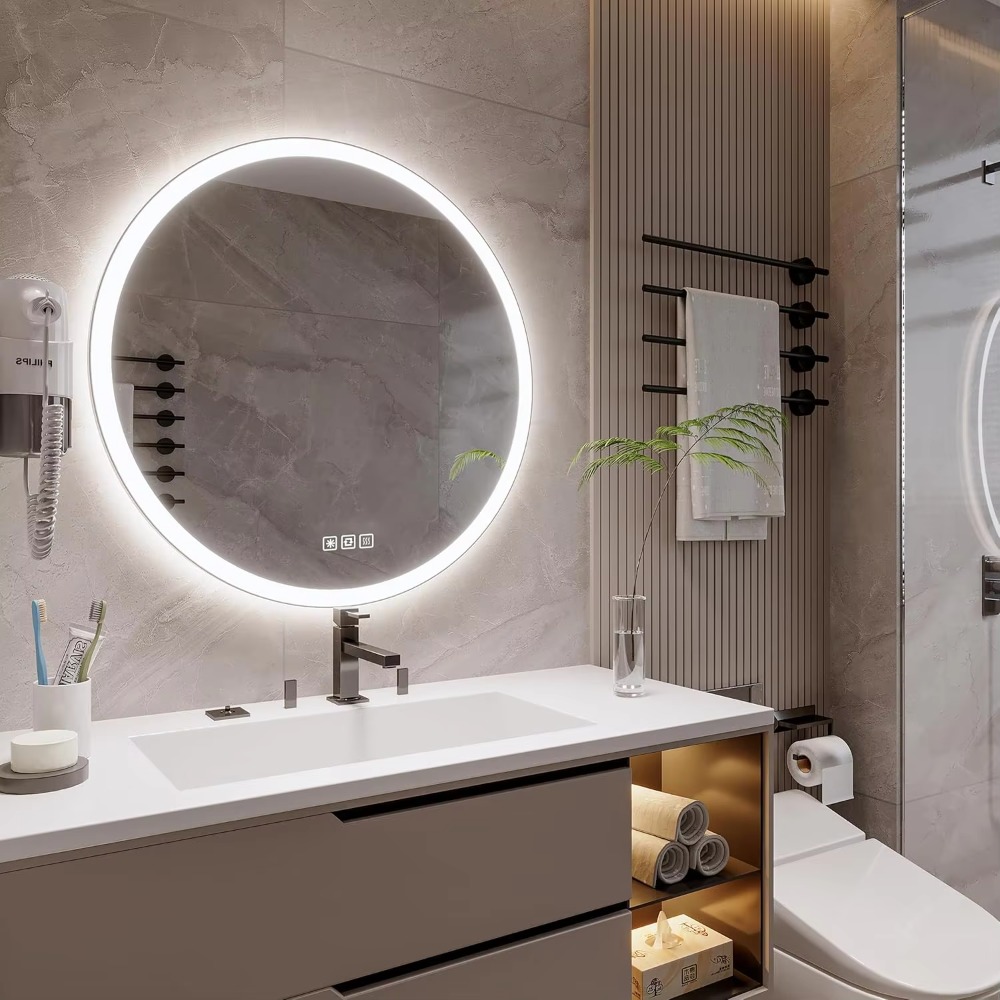 モダンな20インチ丸型アルミ製LEDスマートバスルームミラー - Bathroom Mirror Led のレビューと価格