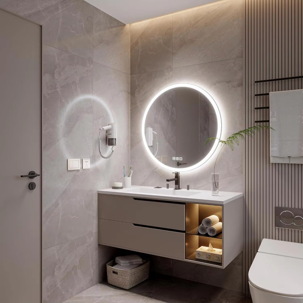 モダンな20インチ丸型アルミ製LEDスマートバスルームミラー - Bathroom Mirror Led のレビューと価格