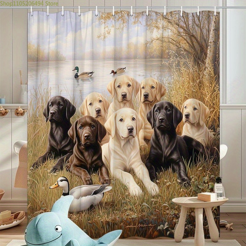 ラブラドール犬ファミリーシャワーカーテン、アヒルのシーンデザ - Home Bathroom Scene のレビューと価格